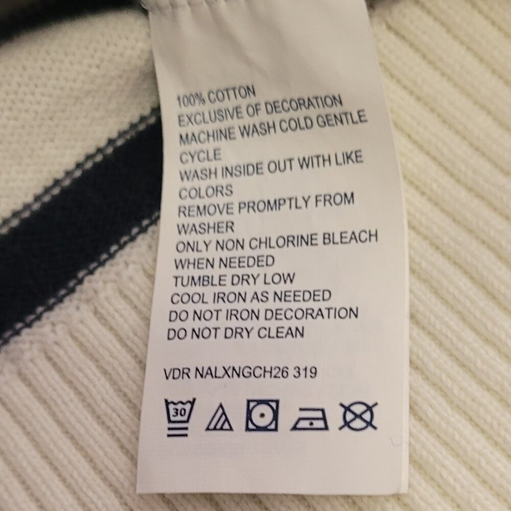 Nautica Crew Neck Cotton Sweater Cream w/Blue Stripes and Red Cuffs Medium EUC - Picture 3 of 6